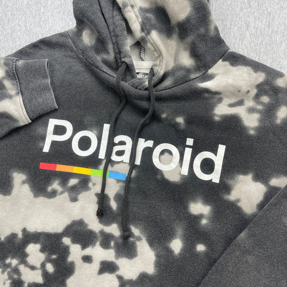 Polaroid Mens Bleach Tie Dye Hoodie Sweatshirt Medium M Black White Rainbow Logo